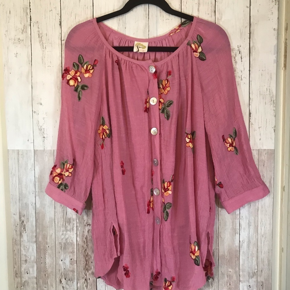 Anthropologie Fig and Flower Women’s Small Pink Floral Button Top Boho Peasant